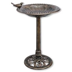 Backyard Expressions Bronze Plastic Resin Bird Bath with Decorative Base & Bird Ornament